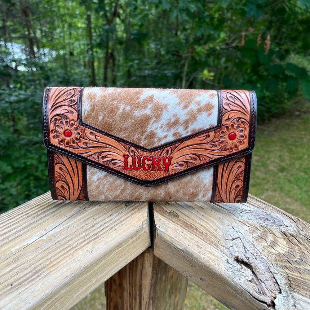 Lucky Tooled Brand Red and Tan Hair on Hide Wallet- FREE custom branding! - Picture 1 of 5